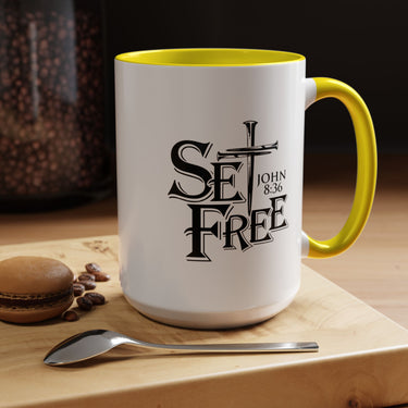 Faith Culture - Set Free John 8:36 Christian Accent Mug, 11oz & 15oz | Bold Cross Design Coffee Cup 15oz Yellow