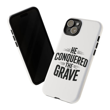 Faith Culture – He Conquered the Grave Christian Tough Phone Case iPhone 15 Plus Glossy