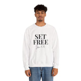 Faith Culture β Set Free John 8:36 Unisex Crewneck Sweatshirt β White | Bold Scripture-Based Christian Apparel White