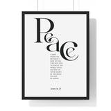 Peace framed Christian wall art inspired by John 14:27, black frame with black and white scripture typography