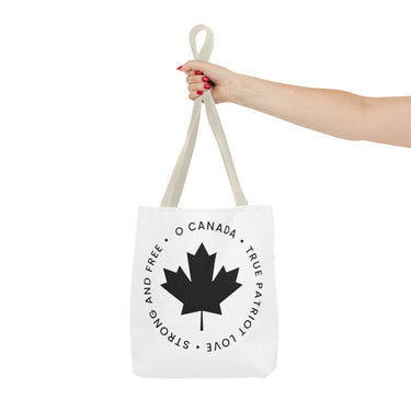 Faith Culture – O Canada Anthem Circle Tote Bag | Black Maple Leaf Minimalist Canadian Carryall 13" × 13'' Beige