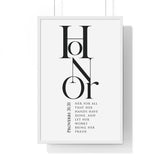 Honor Her framed Christian wall art inspired by Proverbs 31:31, white frame with black and white scripture typography