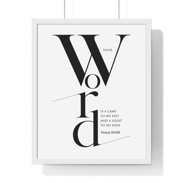 Your Word Is a Lamp framed Bible verse wall art inspired by Psalm 119:105, white frame with black and white scripture typography