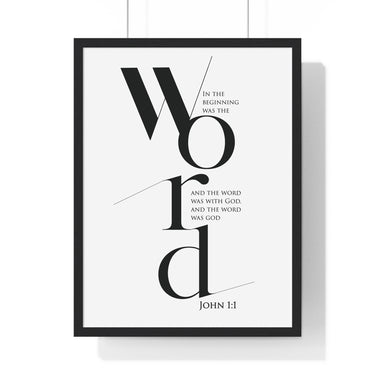 In the Beginning Was the Word framed Bible verse wall art inspired by John 1:1, black frame with black and white scripture typography
