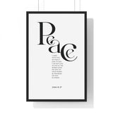 Peace framed Christian wall art inspired by John 14:27, black frame with black and white scripture typography