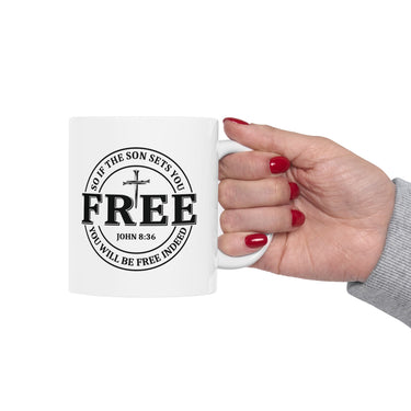 Faith Culture β Set Free John 8:36 Christian Coffee Mug β Bold Cross Scripture Design, 11oz & 15oz