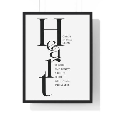 Create in Me a Clean Heart framed Bible verse wall art inspired by Psalm 51:10, black frame with black and white scripture typography