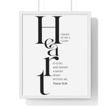 Create in Me a Clean Heart framed Bible verse wall art inspired by Psalm 51:10, white frame with black and white scripture typography