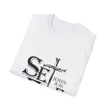 Faith Culture – Set Free John 8:36 Unisex T-Shirt – White | Bold Christian Tee with Cross Design