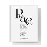 Peace Bold Verse framed Christian wall art inspired by John 14:27, black frame with black and white scripture typography