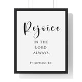 Rejoice in the Lord framed Christian wall art inspired by Philippians 4:4, black frame with black and white scripture typography