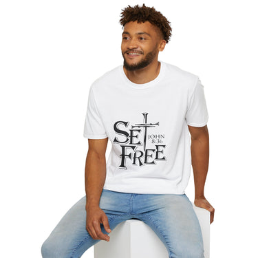 Faith Culture – Set Free John 8:36 Unisex T-Shirt – White | Bold Christian Tee with Cross Design
