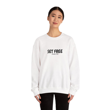 Faith Culture β Set Free John 8:36 Unisex Crewneck Sweatshirt β White | Christian Freedom Sweatshirt for Bold Faith