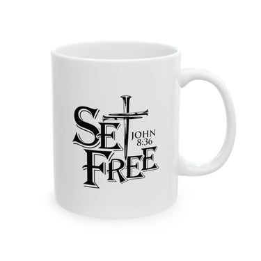 Faith Culture β Set Free John 8:36 Christian Coffee Mug β Bold Cross Scripture Design, 11oz & 15oz