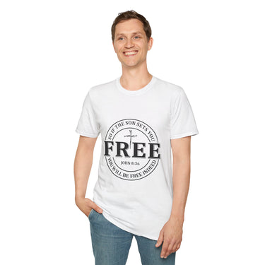Faith Culture β Free Indeed Circle Emblem Unisex T-Shirt β White | Christian Freedom Tee with Cross Design & John 8:36