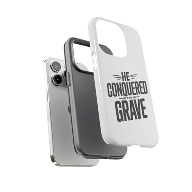 Faith Culture – He Conquered the Grave Christian Tough Phone Case iPhone 14 Pro Glossy