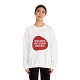 Faith Culture – True North Stay Strong and Free Crewneck Sweatshirt – White with Red Graphic | Bold Canadian Motto Pullover