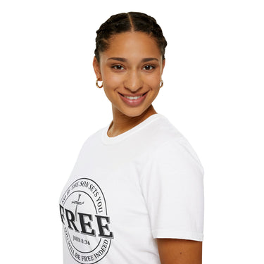 Faith Culture β Free Indeed Circle Emblem Unisex T-Shirt β White | Christian Freedom Tee with Cross Design & John 8:36