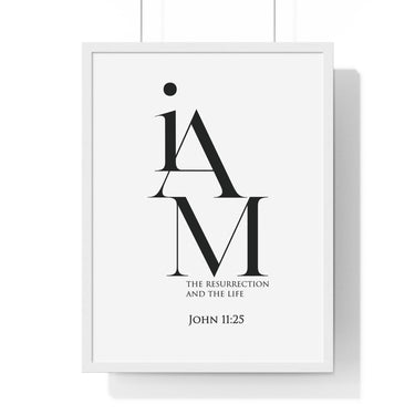 The Resurrection and the Life framed Christian wall art inspired by John 11:25, black frame with black and white scripture typography