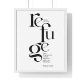 God Is Our Refuge framed Bible verse wall art inspired by Psalm 46:1-2, white frame with black and white scripture typography