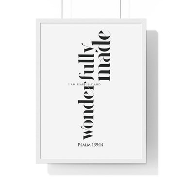 Fearfully and Wonderfully Made framed Christian wall art inspired by Psalm 139:14, black frame with black and white scripture typography