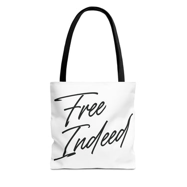 Faith Culture – Free Indeed Christian Tote Bag | Bold Faith Declaration Tote 13" × 13'' Black