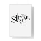 Strength and Dignity framed Christian wall art inspired by Proverbs 31:25, white frame with black and white scripture typography