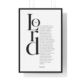 The Lord Is My Shepherd framed Christian wall art inspired by Psalm 23, black frame with black and white scripture typography