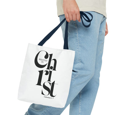 Faith Culture - Rooted in Christ Christian Tote Bag | Colossians 2:7 Bible Verse Bag 13" × 13'' Navy