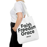 Faith Freedom Grace Christian Tote Bag | John 8:36 Bible Verse Gift