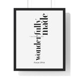 Fearfully and Wonderfully Made framed Christian wall art inspired by Psalm 139:14, black frame with black and white scripture typography