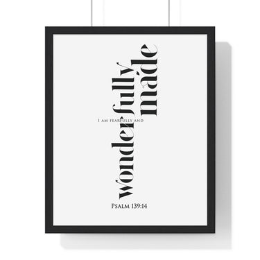 Fearfully and Wonderfully Made framed Christian wall art inspired by Psalm 139:14, black frame with black and white scripture typography