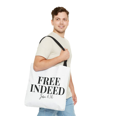 Faith Culture β Free Indeed Christian Tote Bag | John 8:36 Bible Verse Tote 18" Γ 18'' Black