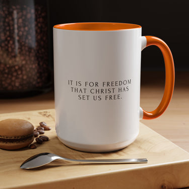 Faith Culture - Christ Has Set Us Free Christian Mug, 11oz & 15oz | Galatians 5:1 Freedom Reminder 15oz Orange