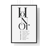 Honor Her framed Christian wall art inspired by Proverbs 31:31, black frame with black and white scripture typography