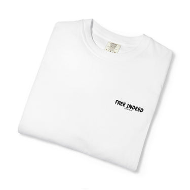 Faith Culture – Free Indeed Christian T-Shirt – White | John 8:36 Scripture Tee