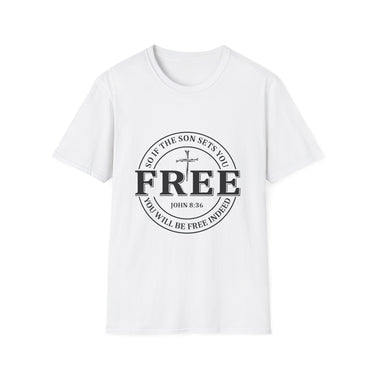 Faith Culture β Free Indeed Circle Emblem Unisex T-Shirt β White | Christian Freedom Tee with Cross Design & John 8:36