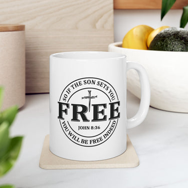 Faith Culture β Set Free John 8:36 Christian Coffee Mug β Bold Cross Scripture Design, 11oz & 15oz 11oz
