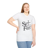 Faith Culture – Set Free John 8:36 Unisex T-Shirt – White | Bold Christian Tee with Cross Design