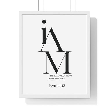 The Resurrection and the Life framed Bible verse wall art inspired by John 11:25, white frame with black and white scripture typography