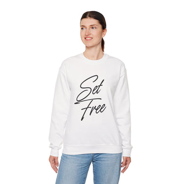 Faith Culture – Set Free Christian Crewneck Sweatshirt – White | Elegant Script Typography Sweatshirt