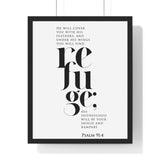 Under His Wings framed Christian wall art inspired by Psalm 91:4, black frame with black and white scripture typography