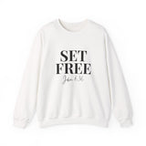 Faith Culture β Set Free John 8:36 Unisex Crewneck Sweatshirt β White | Bold Scripture-Based Christian Apparel