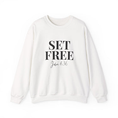 Faith Culture β Set Free John 8:36 Unisex Crewneck Sweatshirt β White | Bold Scripture-Based Christian Apparel