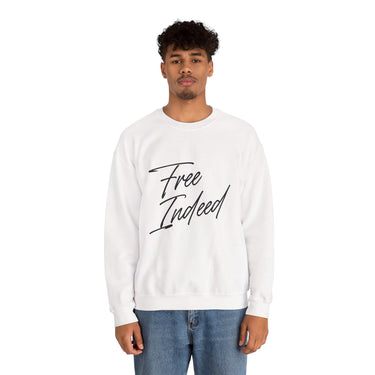 Faith Culture β Free Indeed Christian Crewneck Sweatshirt β White | Minimal Script Style Based on John 8:36