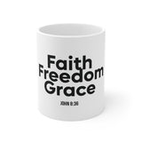 Faith Freedom Grace Christian Mug | John 8:36 Scripture Gift 11oz White
