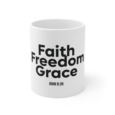 Faith Freedom Grace Christian Mug | John 8:36 Scripture Gift 11oz White