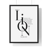 Like a Lion framed Bible verse wall art inspired by Proverbs 30:30, black frame with black and white scripture typography