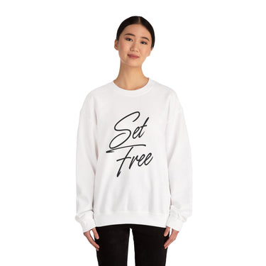 Faith Culture – Set Free Christian Crewneck Sweatshirt – White | Elegant Script Typography Sweatshirt