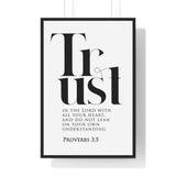 Trust in the Lord framed Christian wall art inspired by Proverbs 3:5, black frame with black and white scripture typography